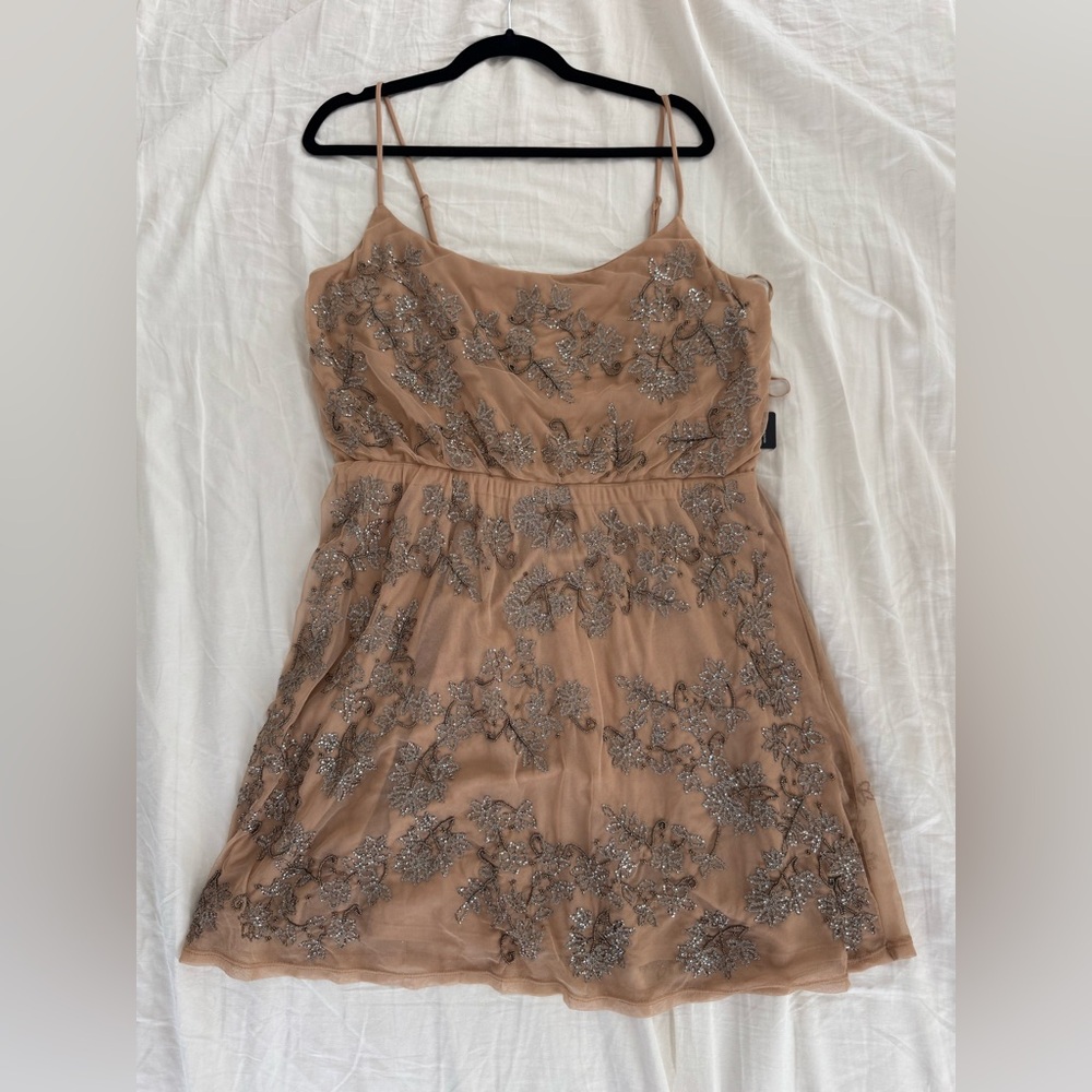 Express Tan Dress with Floral Embellishments